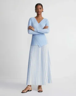 Best Lafayette 148 New York Overprint Finespun Voile Pleat Stitch Skirt Sky Blue Multi