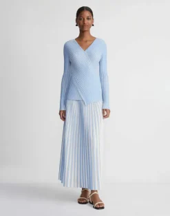 Online Lafayette 148 New York Overprint Finespun Voile Pleat Stitch Crossover Sweater Sky Blue Multi