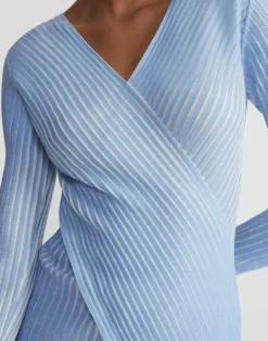 Online Lafayette 148 New York Overprint Finespun Voile Pleat Stitch Crossover Sweater Sky Blue Multi