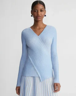 Online Lafayette 148 New York Overprint Finespun Voile Pleat Stitch Crossover Sweater Sky Blue Multi