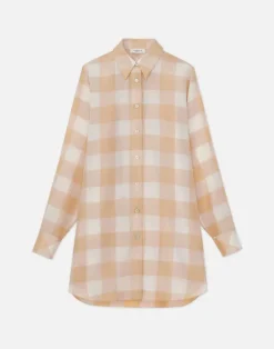 Discount Lafayette 148 New York Painted Gingham Print Silk Habutai Oversized Blouse Maitake Multi