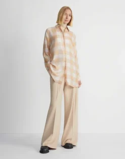 Discount Lafayette 148 New York Painted Gingham Print Silk Habutai Oversized Blouse Maitake Multi