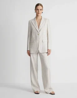 New Lafayette 148 New York Pinstripe Linen Peak Lapel Blazer Pebble Multi