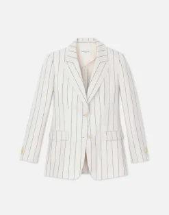 New Lafayette 148 New York Pinstripe Linen Peak Lapel Blazer Pebble Multi