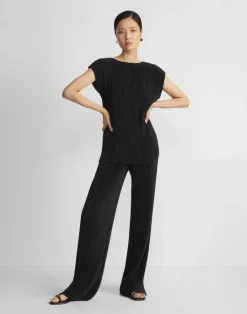 Lafayette 148 New York Recycled Poly Satin Pliss Dolman Blouse Black
