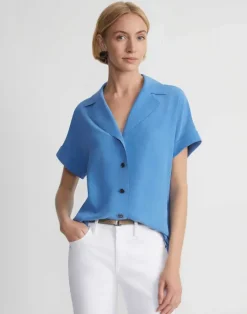 Lafayette 148 New York Sandwashed Silk Notch Collar Blouse Eucalyptus