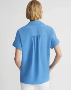 Lafayette 148 New York Sandwashed Silk Notch Collar Blouse Eucalyptus
