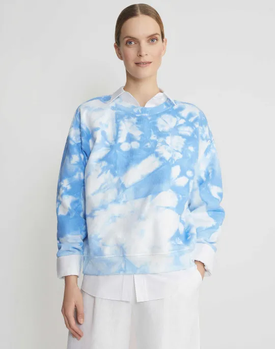 Clearance Lafayette 148 New York Shibori Cotton French Terry Sweatshirt Sky Blue Multi