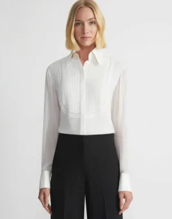 Sale Lafayette 148 New York Silk Georgette Pintuck Bib Blouse Cloud