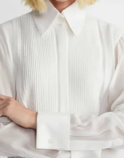 Sale Lafayette 148 New York Silk Georgette Pintuck Bib Blouse Cloud