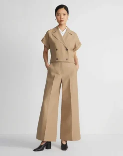 Lafayette 148 New York Silk-Linen Double Breasted Cropped Shirt Jacket Cadet Khaki