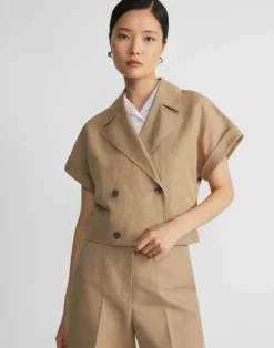 Lafayette 148 New York Silk-Linen Double Breasted Cropped Shirt Jacket Cadet Khaki