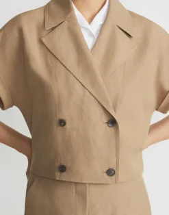 Lafayette 148 New York Silk-Linen Double Breasted Cropped Shirt Jacket Cadet Khaki