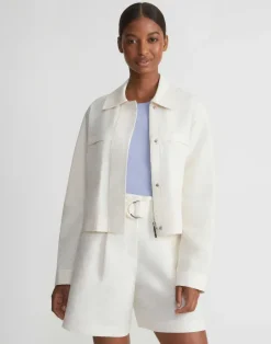 Clearance Lafayette 148 New York Silk-Linen Tapered Bomber Jacket Alabaster