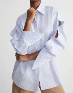 Lafayette 148 New York Stripe Cotton Poplin Button Sleeve Oversized Shirt Wild Bluet Multi