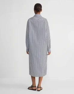 Lafayette 148 New York Stripe Cotton Poplin Button Sleeve Oversized Shirtdress Midnight Blue Multi