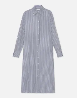 Lafayette 148 New York Stripe Cotton Poplin Button Sleeve Oversized Shirtdress Midnight Blue Multi