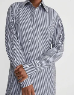 Lafayette 148 New York Stripe Cotton Poplin Button Sleeve Oversized Shirtdress Midnight Blue Multi
