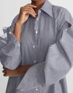 Lafayette 148 New York Stripe Cotton Poplin Button Sleeve Oversized Shirtdress Midnight Blue Multi