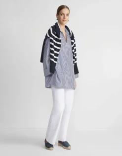 Sale Lafayette 148 New York Stripe Cotton Poplin Popover Shirt Sky Multi