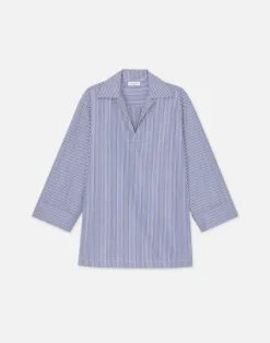 Sale Lafayette 148 New York Stripe Cotton Poplin Popover Shirt Sky Multi