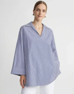 Sale Lafayette 148 New York Stripe Cotton Poplin Popover Shirt Sky Multi