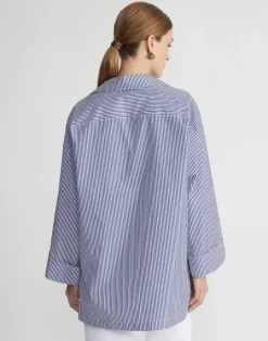 Sale Lafayette 148 New York Stripe Cotton Poplin Popover Shirt Sky Multi
