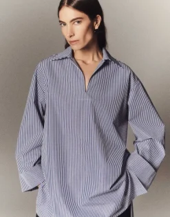 Sale Lafayette 148 New York Stripe Cotton Poplin Popover Shirt Sky Multi