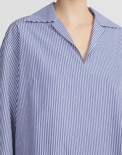 Sale Lafayette 148 New York Stripe Cotton Poplin Popover Shirt Sky Multi
