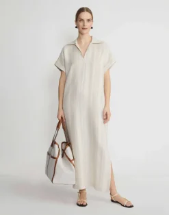 Lafayette 148 New York Stripe Jacquard Linen-Cashmere Popover Dress Pebble