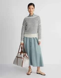 Lafayette 148 New York Stripe Organic Cotton & Denim Yarn Bateau Sweater Pebble Multi