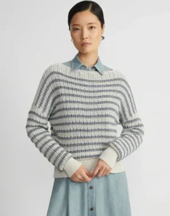 Lafayette 148 New York Stripe Organic Cotton & Denim Yarn Bateau Sweater Pebble Multi