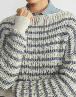 Lafayette 148 New York Stripe Organic Cotton & Denim Yarn Bateau Sweater Pebble Multi