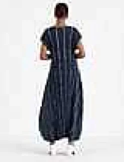 Sale Lafayette 148 New York Stripe Print Recycled Poly Satin Pliss Dress Ink Multi