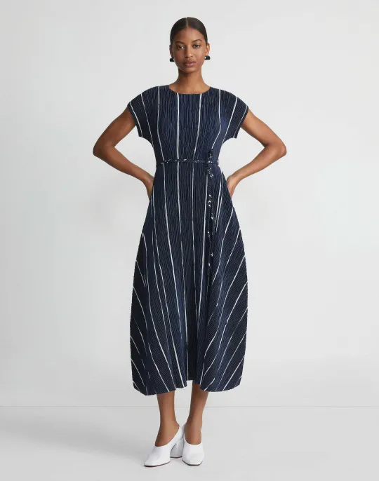 Sale Lafayette 148 New York Stripe Print Recycled Poly Satin Pliss Dress Ink Multi