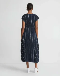 Sale Lafayette 148 New York Stripe Print Recycled Poly Satin Pliss Dress Ink Multi