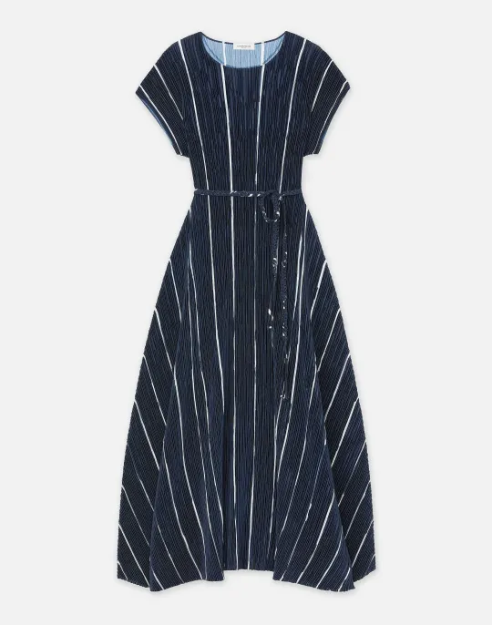Sale Lafayette 148 New York Stripe Print Recycled Poly Satin Pliss Dress Ink Multi