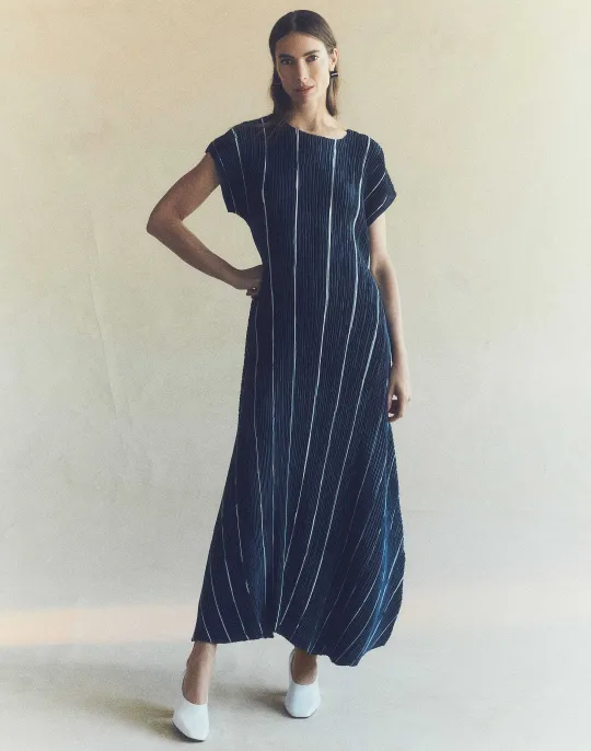 Sale Lafayette 148 New York Stripe Print Recycled Poly Satin Pliss Dress Ink Multi