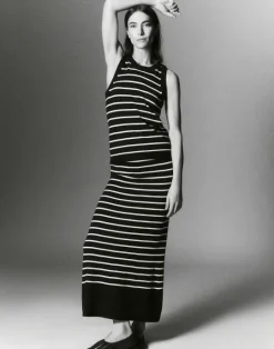 New Lafayette 148 New York Stripe Responsible Matte Crepe Skirt Ink Multi