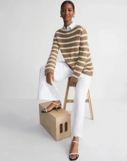 Discount Lafayette 148 New York Stripe Sequined Cotton & Cashmere Sweater Cadet Khaki Metallic