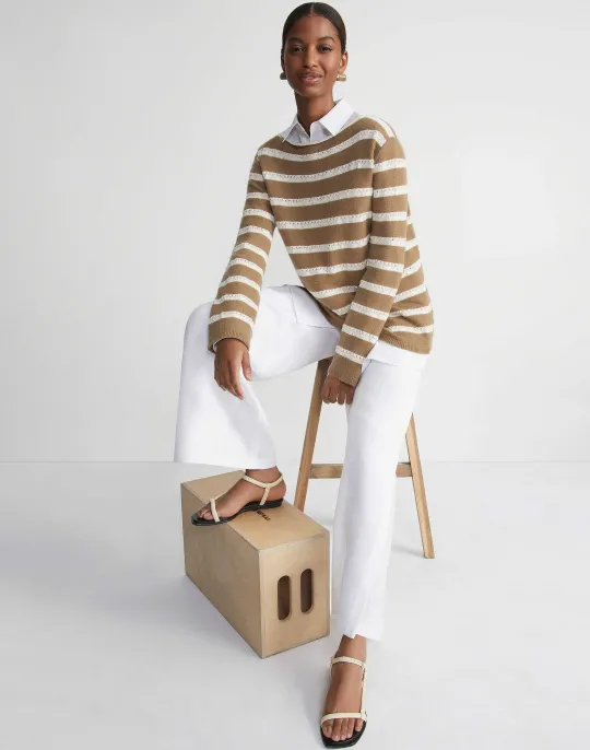 Discount Lafayette 148 New York Stripe Sequined Cotton & Cashmere Sweater Cadet Khaki Metallic