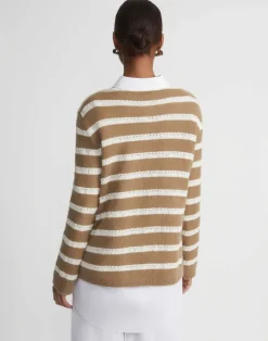 Discount Lafayette 148 New York Stripe Sequined Cotton & Cashmere Sweater Cadet Khaki Metallic