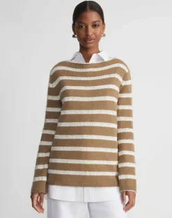 Discount Lafayette 148 New York Stripe Sequined Cotton & Cashmere Sweater Cadet Khaki Metallic