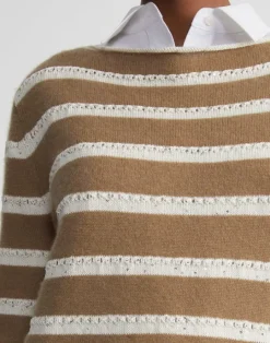 Discount Lafayette 148 New York Stripe Sequined Cotton & Cashmere Sweater Cadet Khaki Metallic