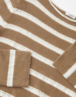 Discount Lafayette 148 New York Stripe Sequined Cotton & Cashmere Sweater Cadet Khaki Metallic