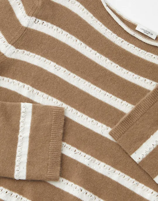 Discount Lafayette 148 New York Stripe Sequined Cotton & Cashmere Sweater Cadet Khaki Metallic