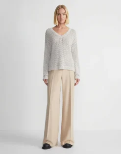 Online Lafayette 148 New York Sustainable Linen-Silk Sequin Cable V-Neck Sweater Smoked Taupe Metallic