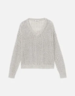 Online Lafayette 148 New York Sustainable Linen-Silk Sequin Cable V-Neck Sweater Smoked Taupe Metallic