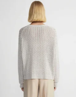 Online Lafayette 148 New York Sustainable Linen-Silk Sequin Cable V-Neck Sweater Smoked Taupe Metallic