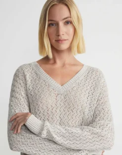 Online Lafayette 148 New York Sustainable Linen-Silk Sequin Cable V-Neck Sweater Smoked Taupe Metallic